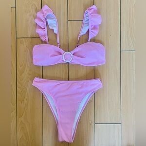 Shein Striped Ruffle High Waisted Bikini Swimsuit in Pink